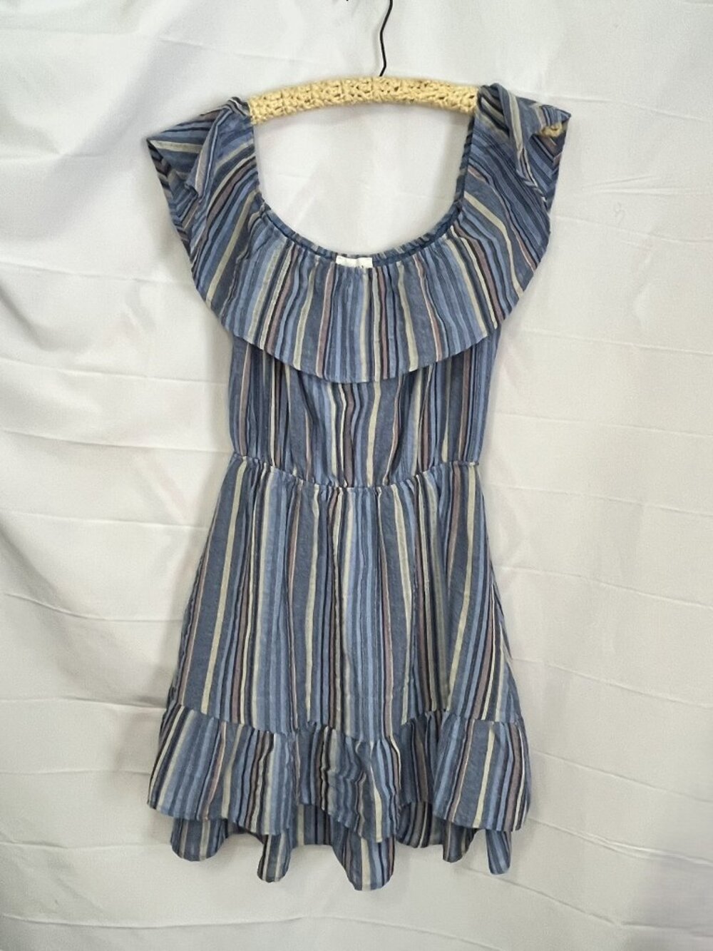 Everly Dress Small Ruffled Layerd Off Shoulder Blue Striped Gauze Beach Coastal